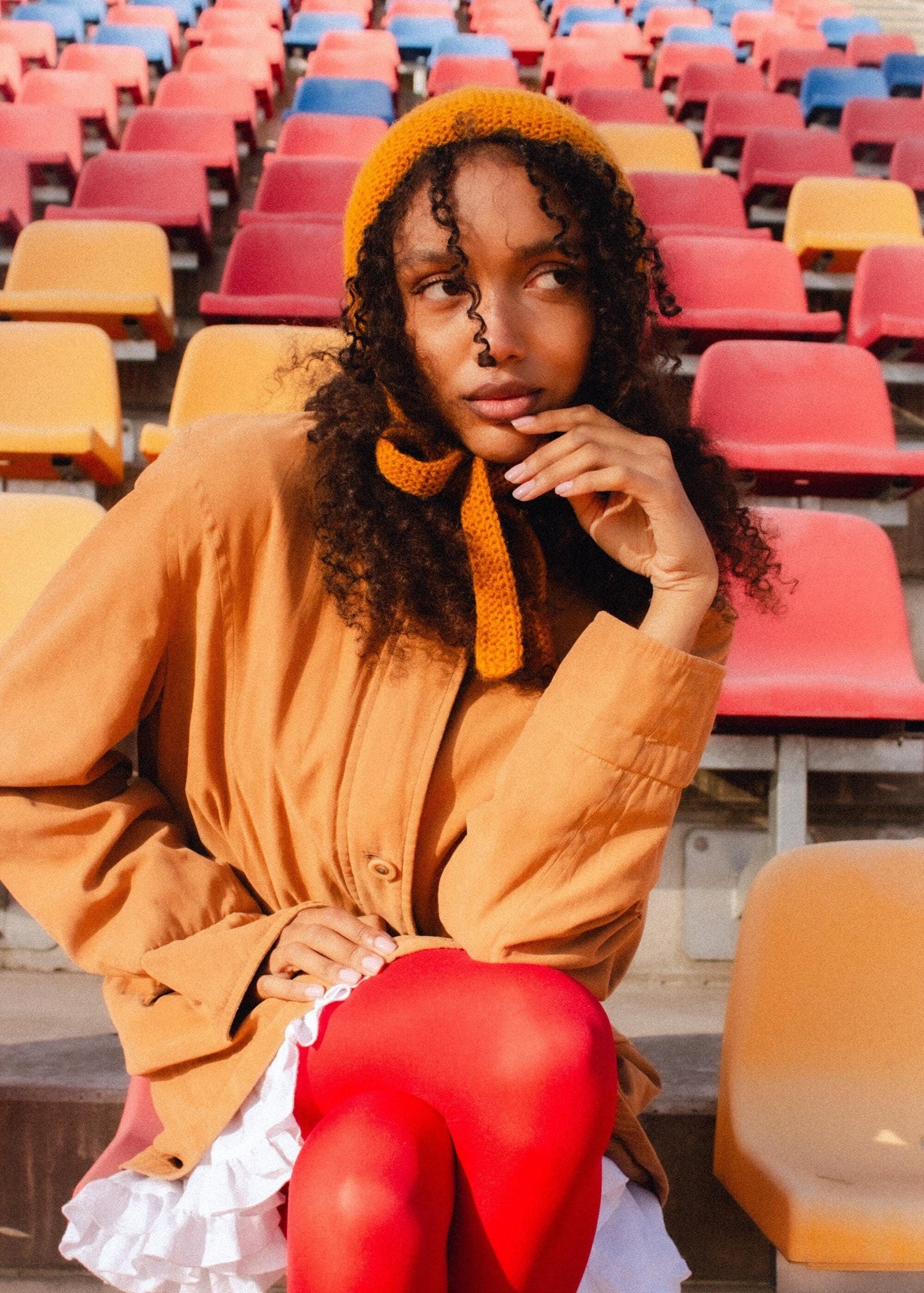Hand - knitted Adult Bow Tie Mohair Bonnet in Mustard Yellow
