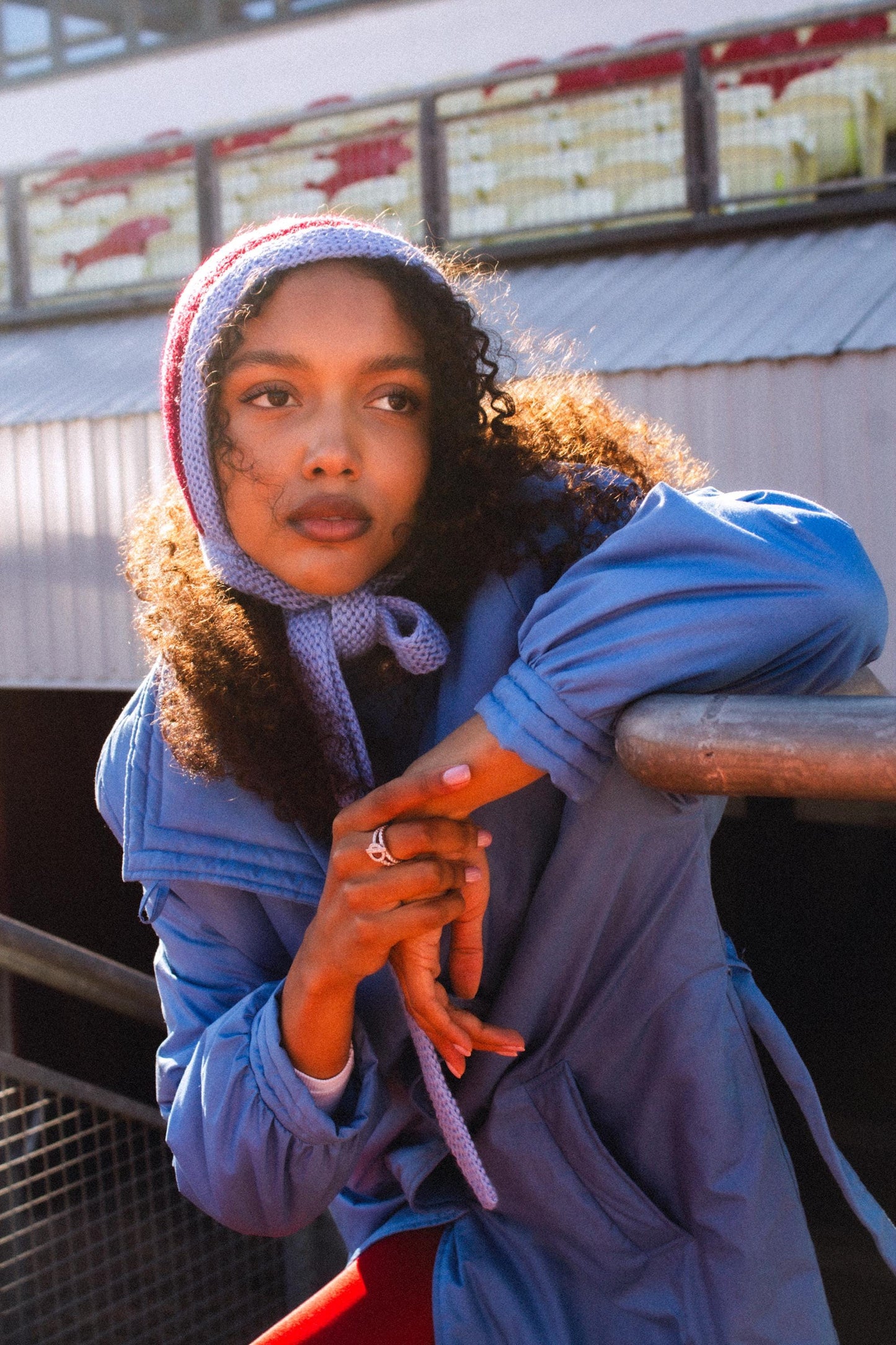 Hand-knitted Adult Bow Tie Chunky Bonnet hat in Burgundy and Light Blue