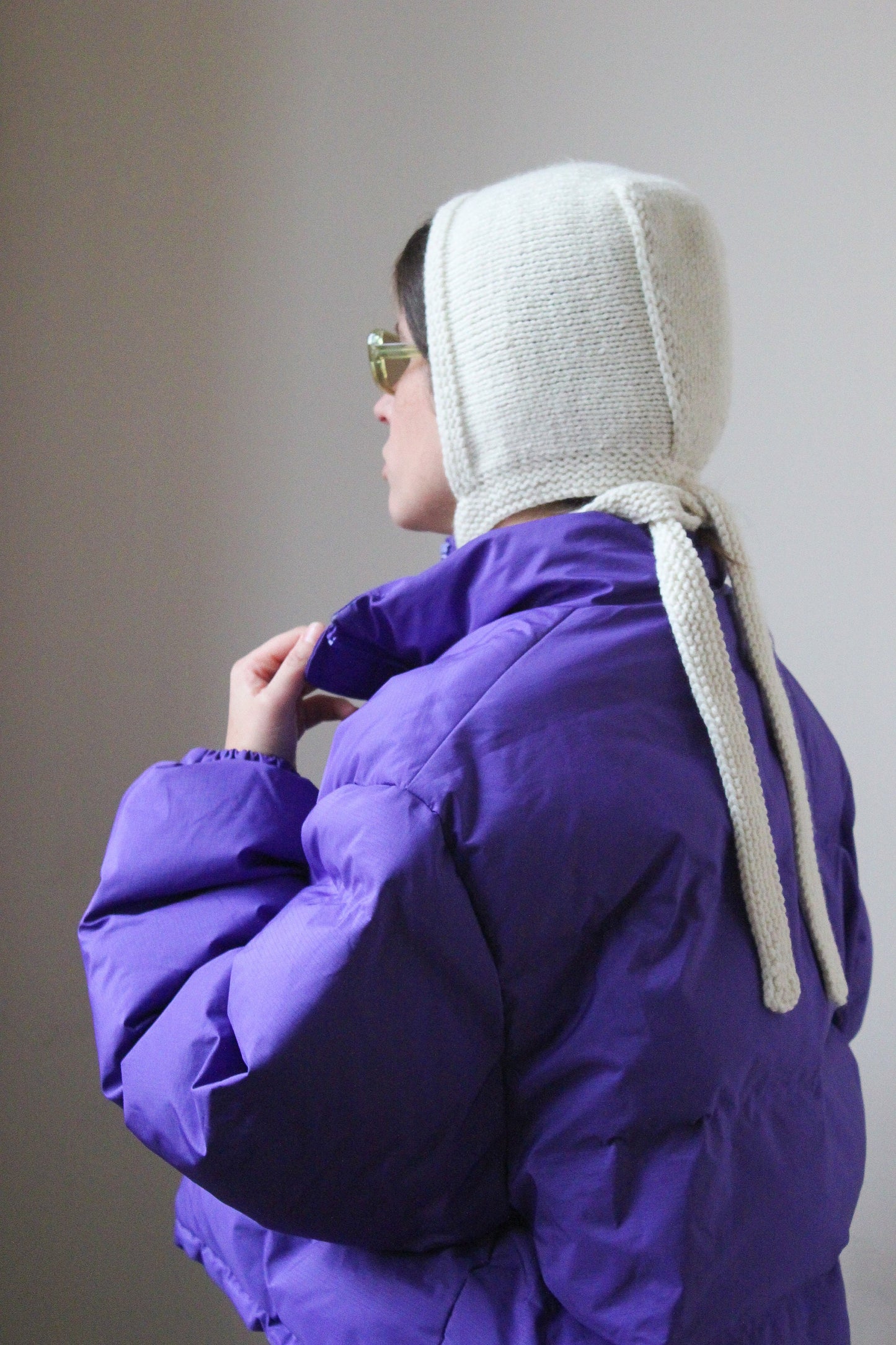 Hand-knitted Adult Bow Long Tie Bonnet hat in white