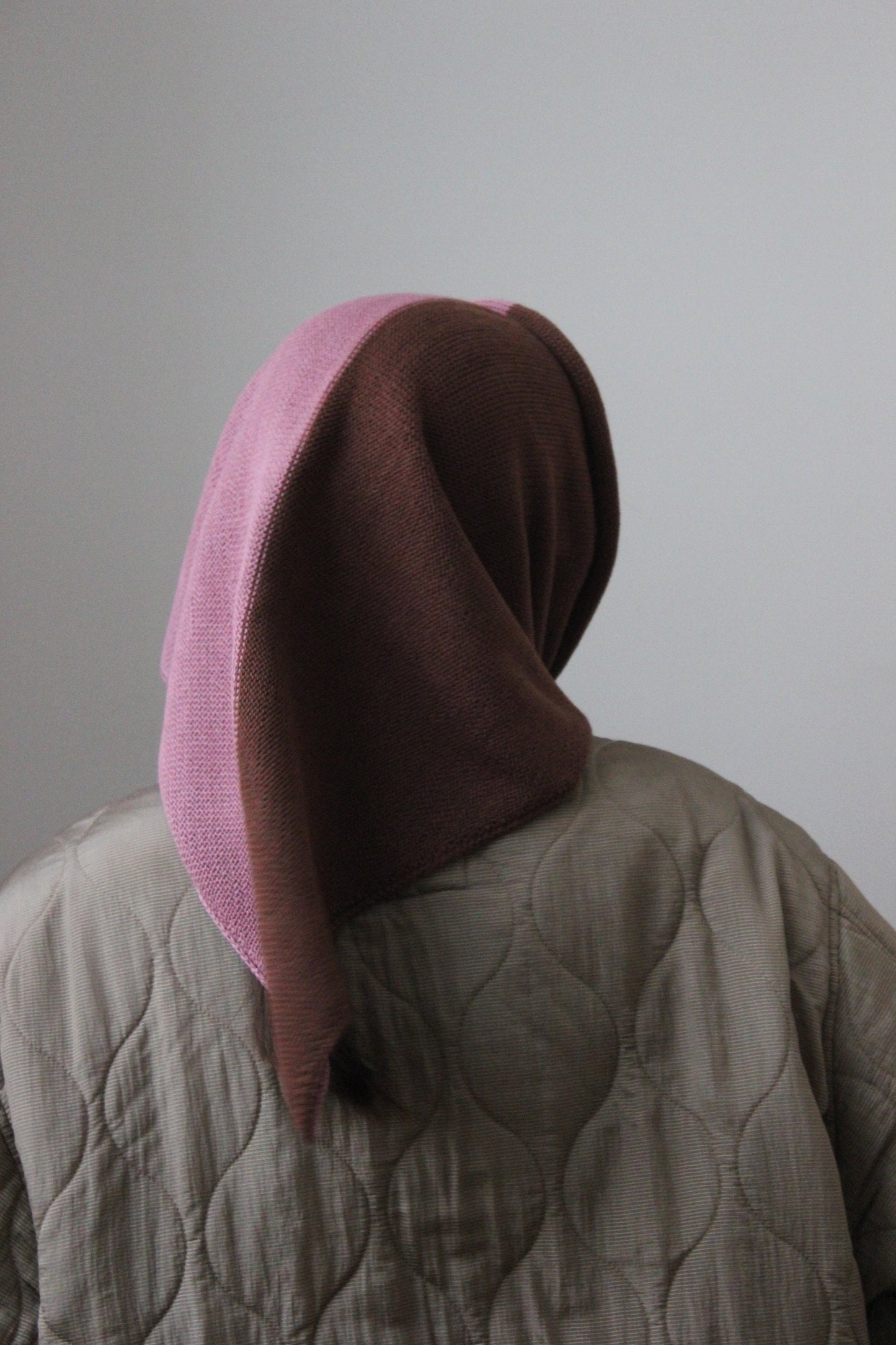 Hand - knitted Bicolour Headscarf in Powder Rose & Brown