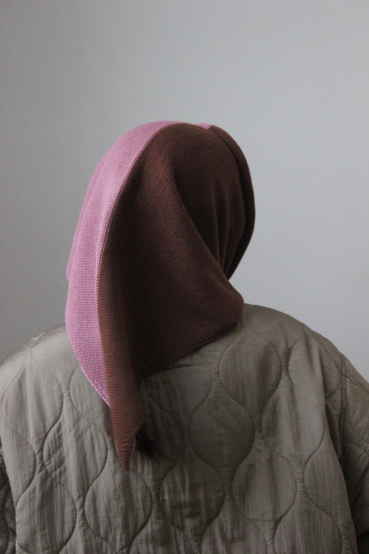 Hand - knitted Bicolour Headscarf in Powder Rose & Brown