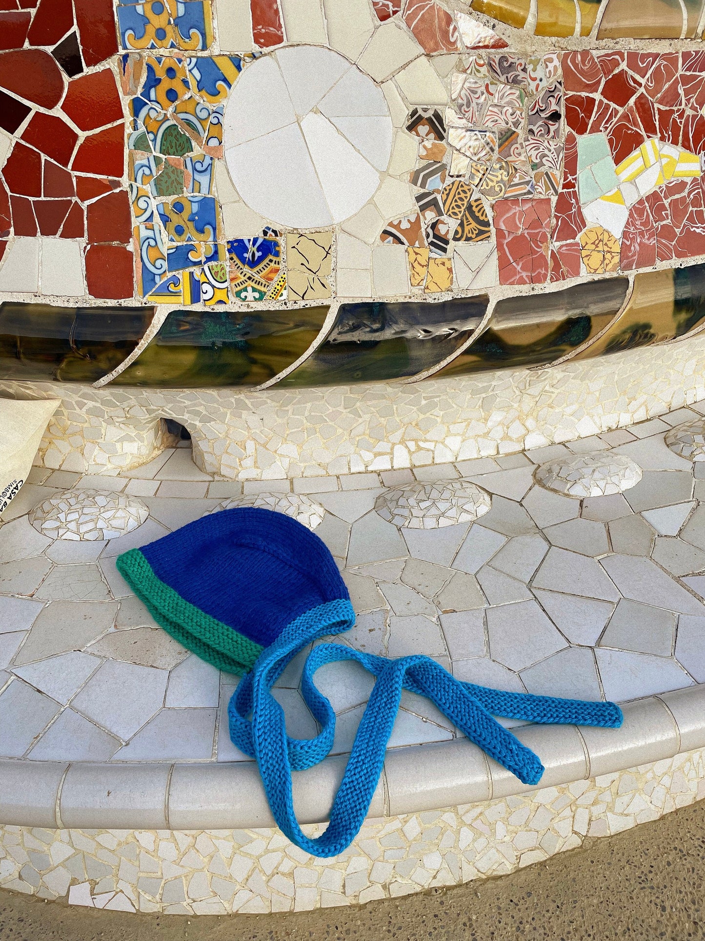 Hand - Knitted Multi Blue Chunky Bow Tie Bonnet Hat