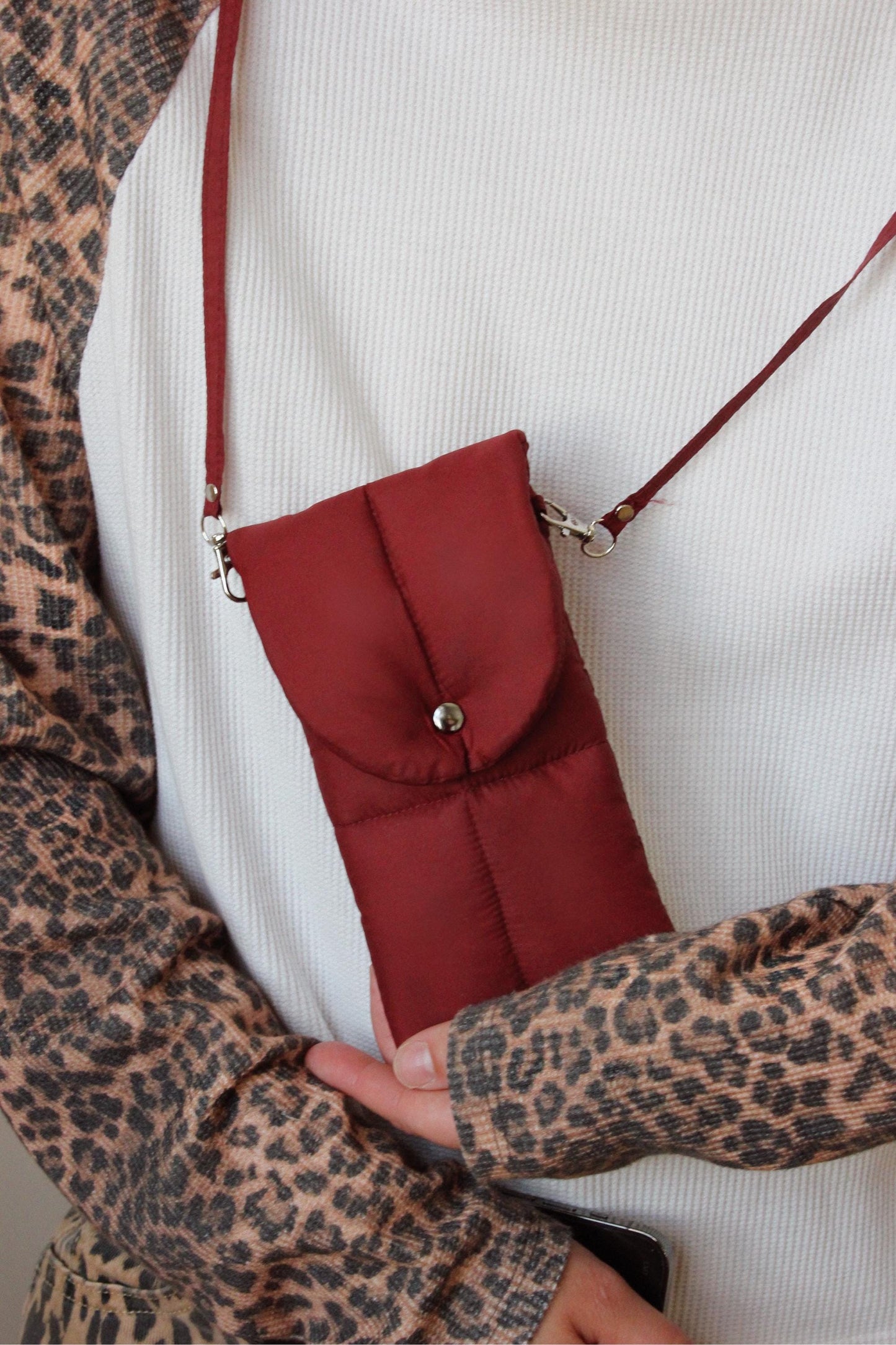 Pillow Puffer Phone pouch in Burgundy, Puffy Crossbody Phone Bag,Waterproof Padded Case with Strap,Hands-Free Pouch,Travel Gift for Her