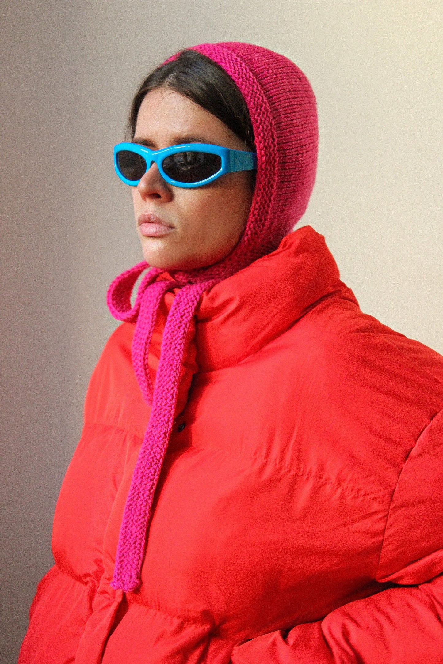 Hand-knitted Adult Bow Tie Bonnet hat in Hot Pink