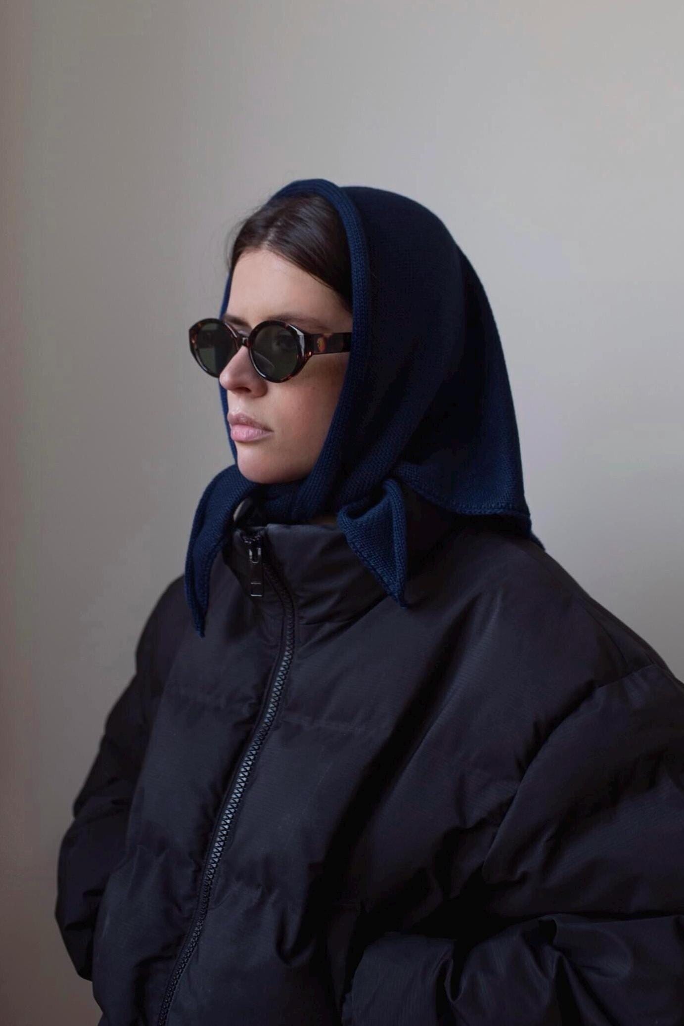 Hand - knitted Headscarf in Navy