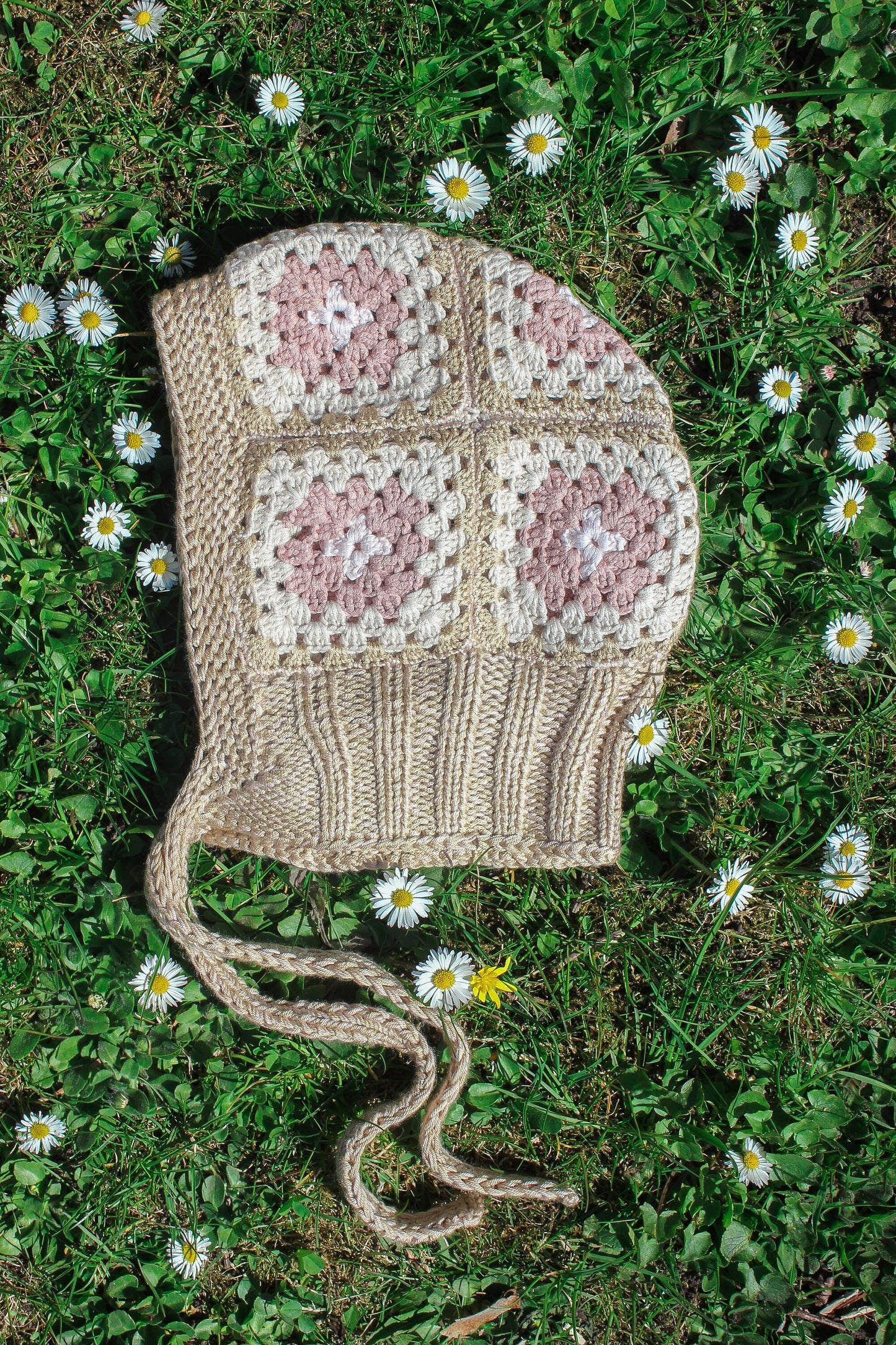 Patchwork Granny Square Adult Crochet Bow Tie Bonnet in Beige