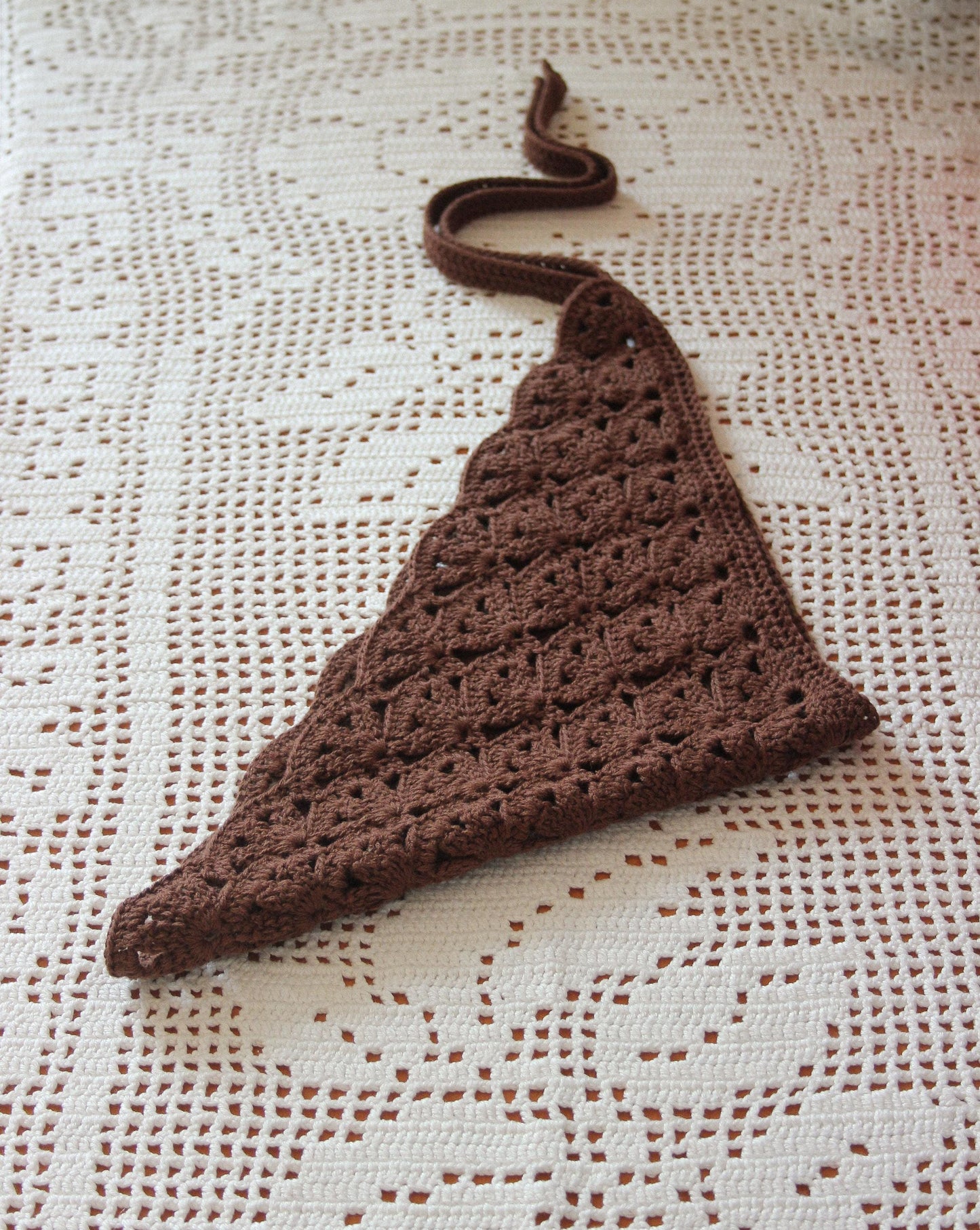 Crochet Premium Cotton Shell & Lace Stitch Headscarf in Brown