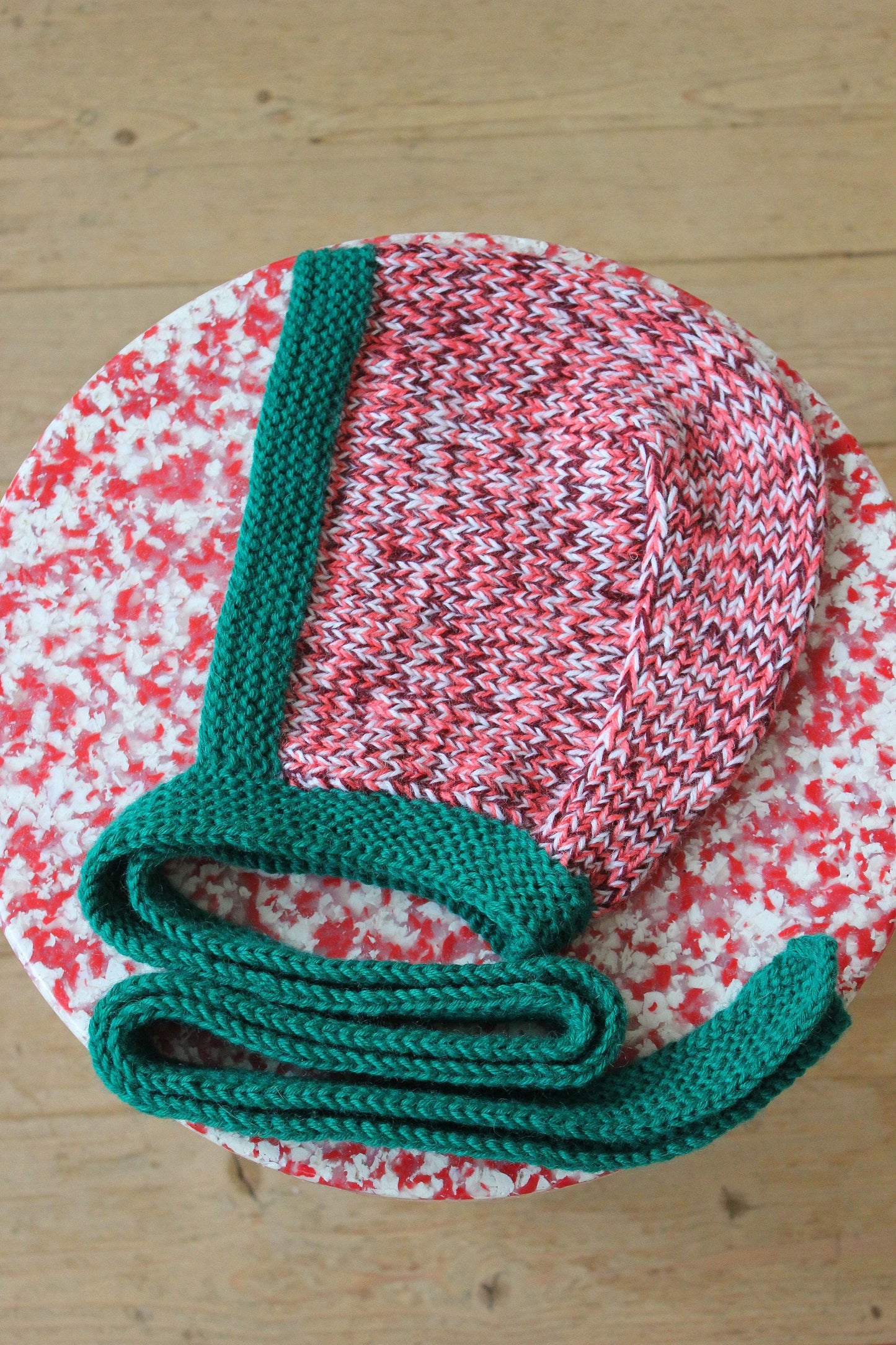 Hand - Knitted Melange Chunky Bow Tie Bonnet Hat in Pink and Emerald Green