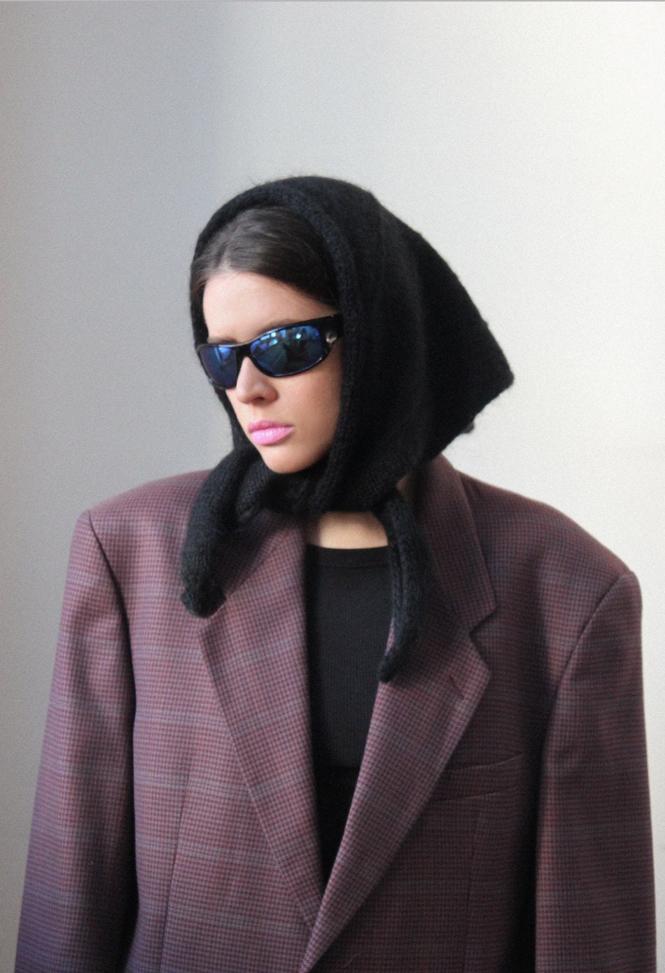 Hand - knitted Mohair Headscarf in Black