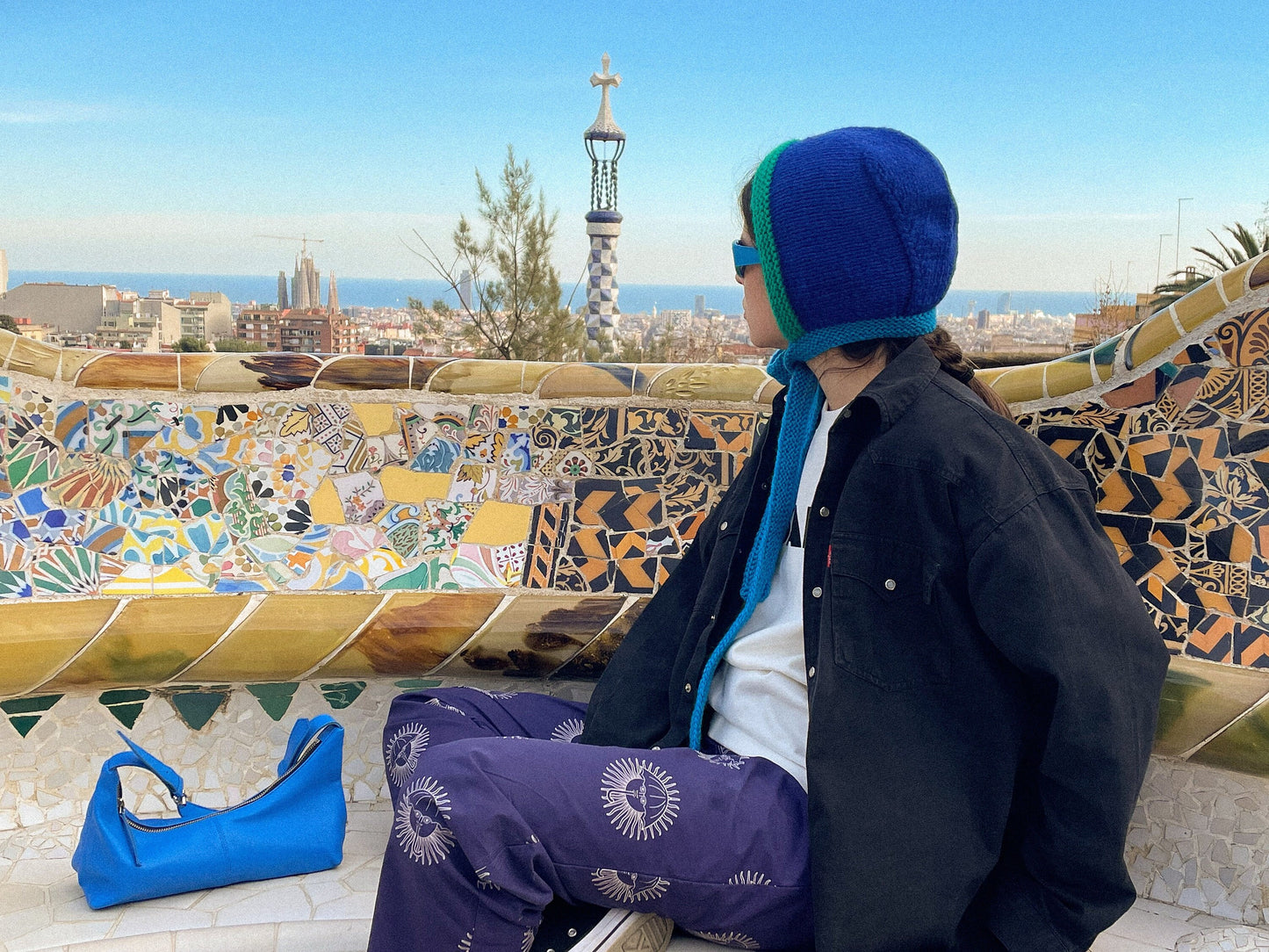 Hand - Knitted Multi Blue Chunky Bow Tie Bonnet Hat