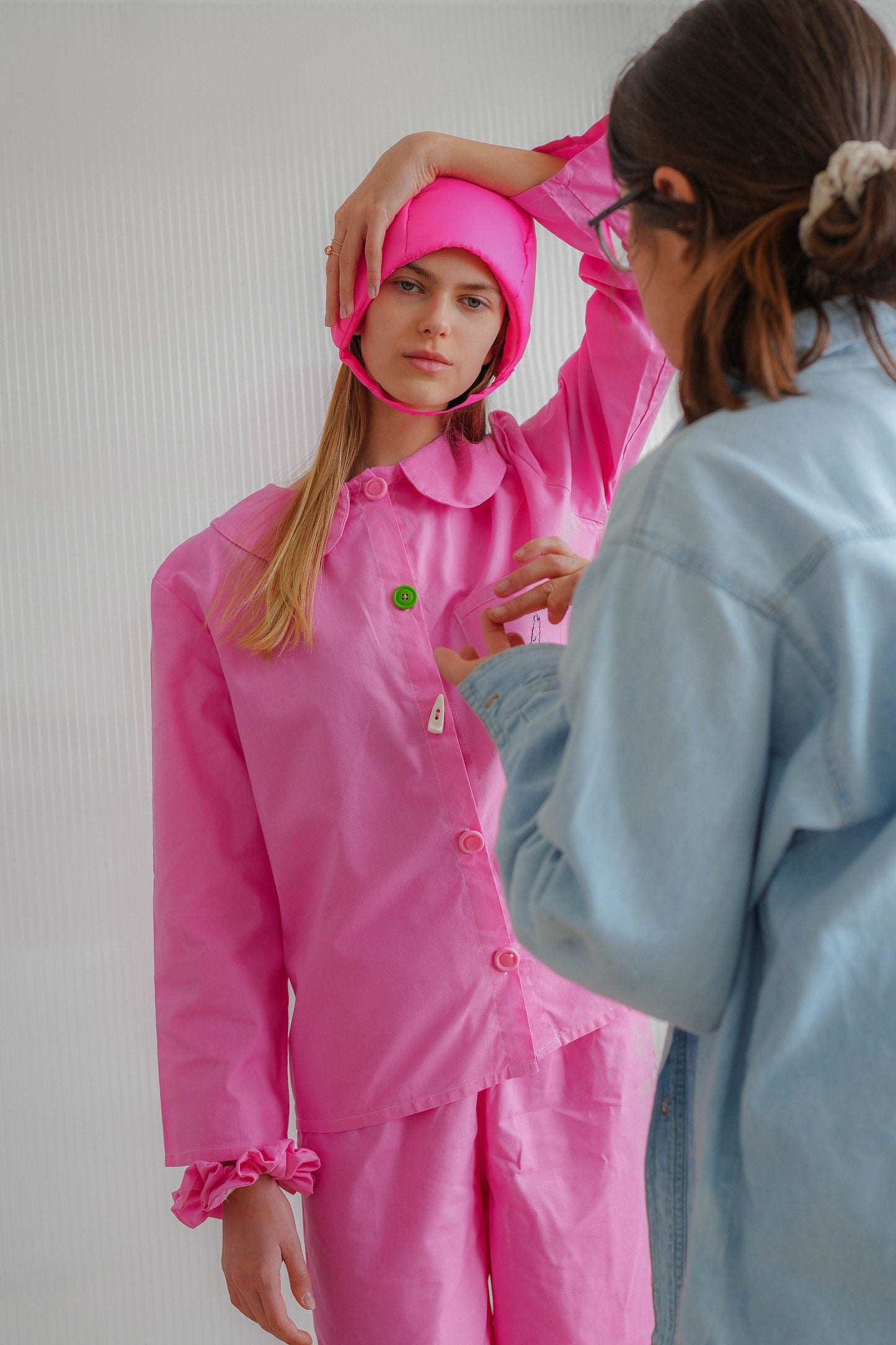 Pillow Puffer Quilted Aviator Helmet Cap Bonnet on a button in Hot Pink