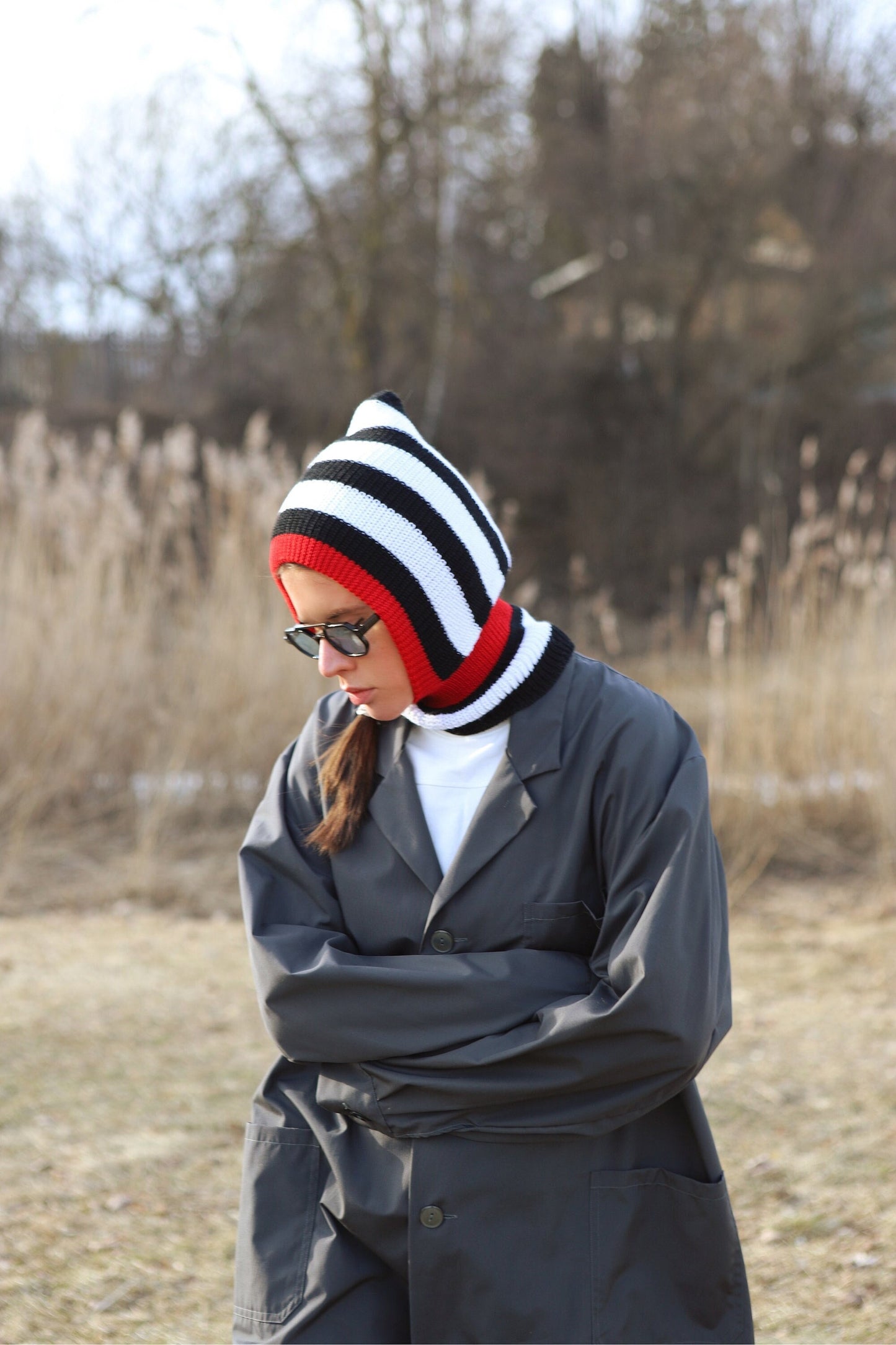 Striped Balaclava Woolen hat in black, white and red,mango socky balaclava knit beanie,knit helmet,knit hat,crochet balaclava, knitted hood