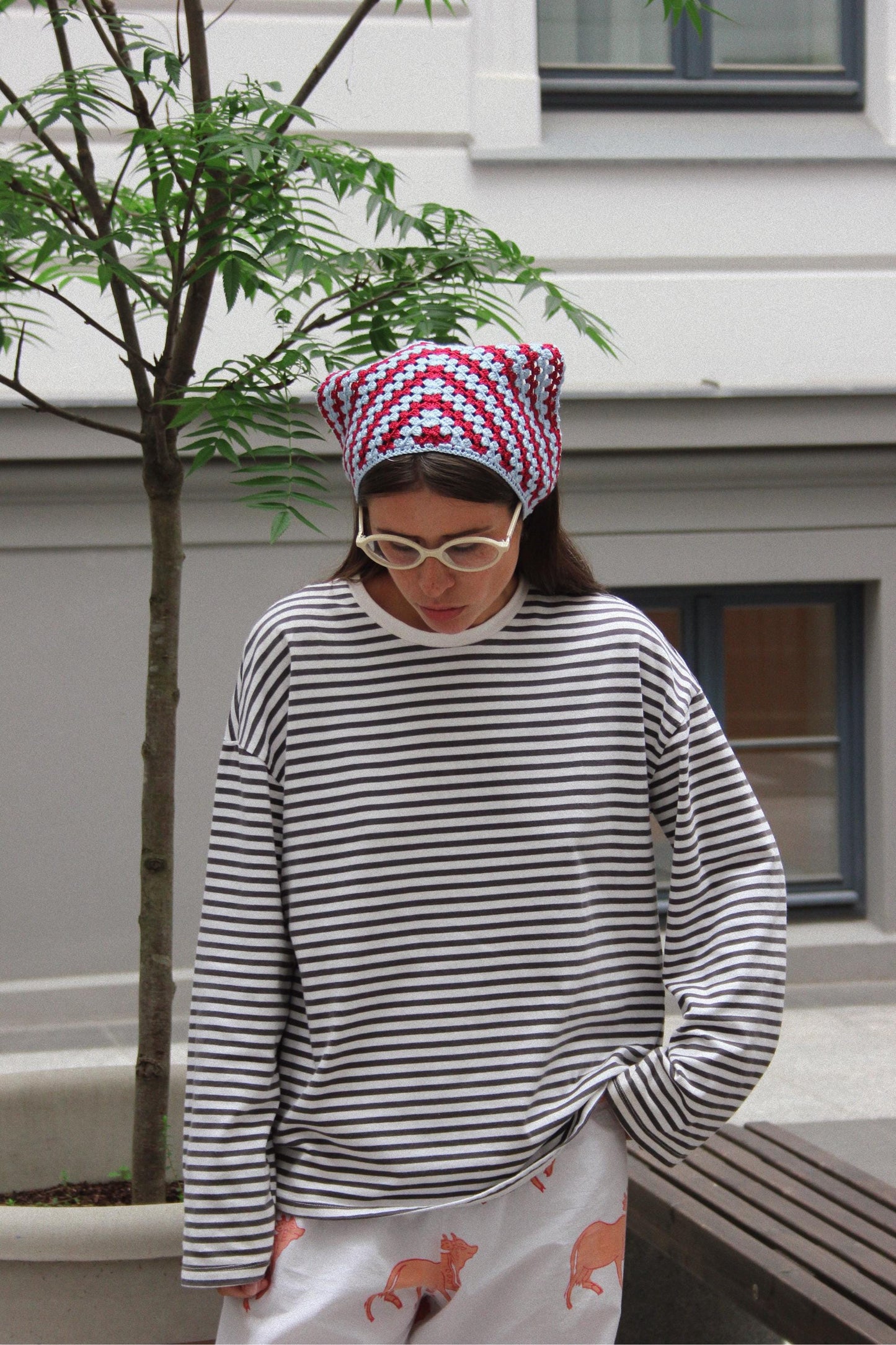 Crochet Premium Cotton Mesh Headscarf in Burgundy & Baby Blue