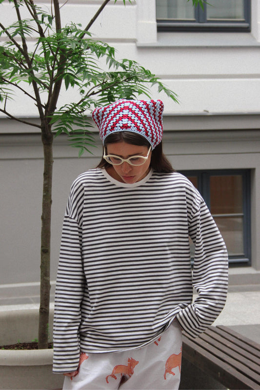 Crochet Premium Cotton Mesh Headscarf in Burgundy & Baby Blue