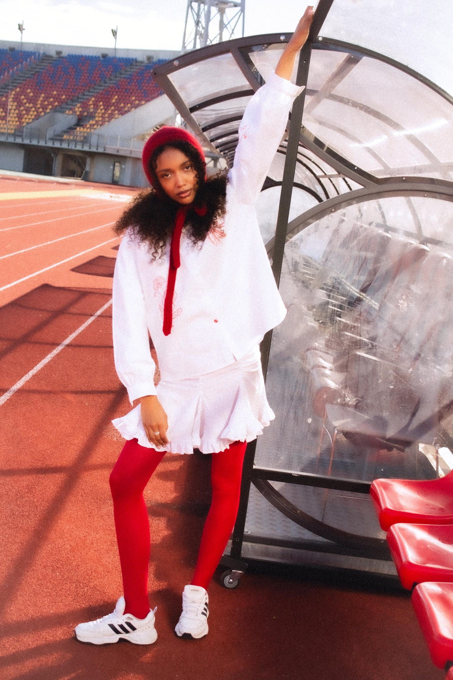 Hand - knitted Adult Bow Tie Mohair Bonnet in Red