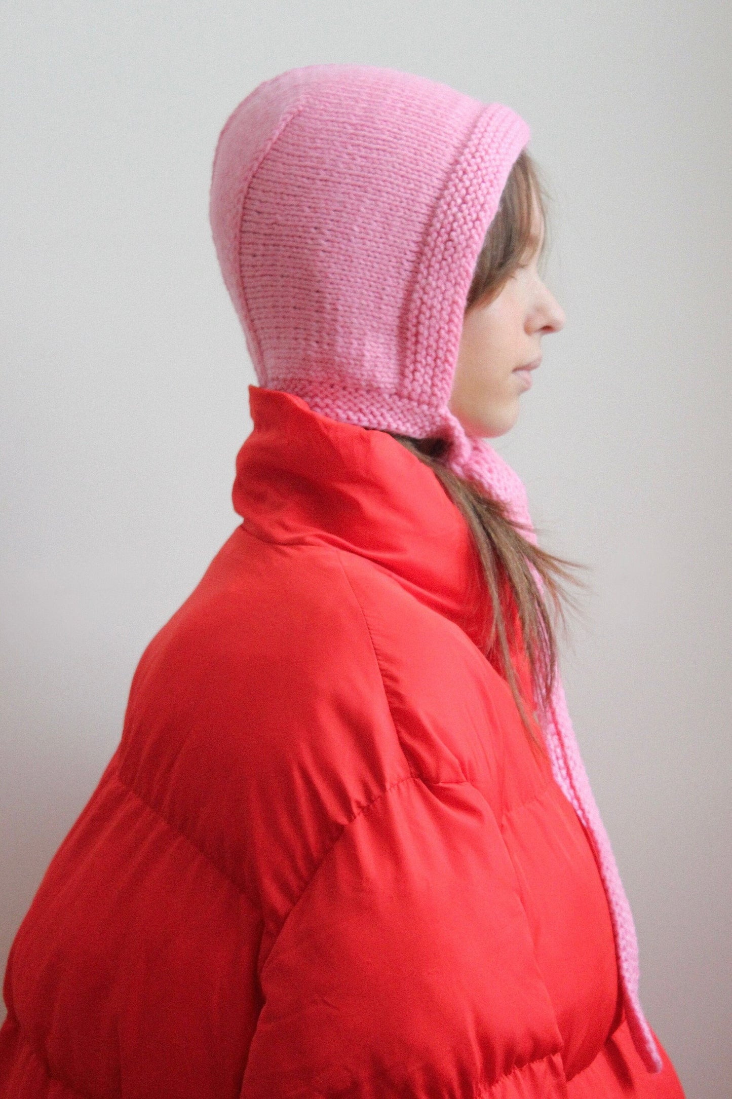 Hand-knitted Adult Bow Tie Bonnet hat in pink