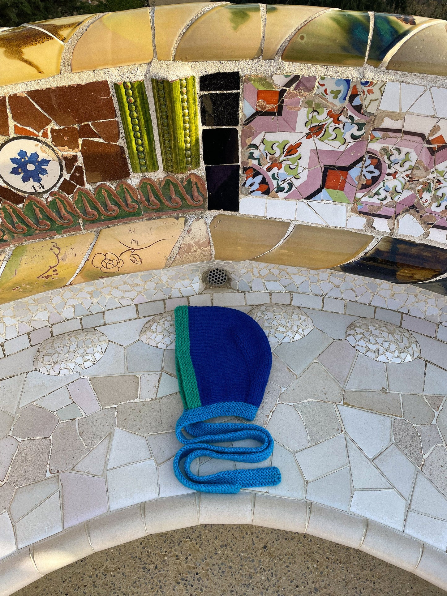 Hand - Knitted Multi Blue Chunky Bow Tie Bonnet Hat