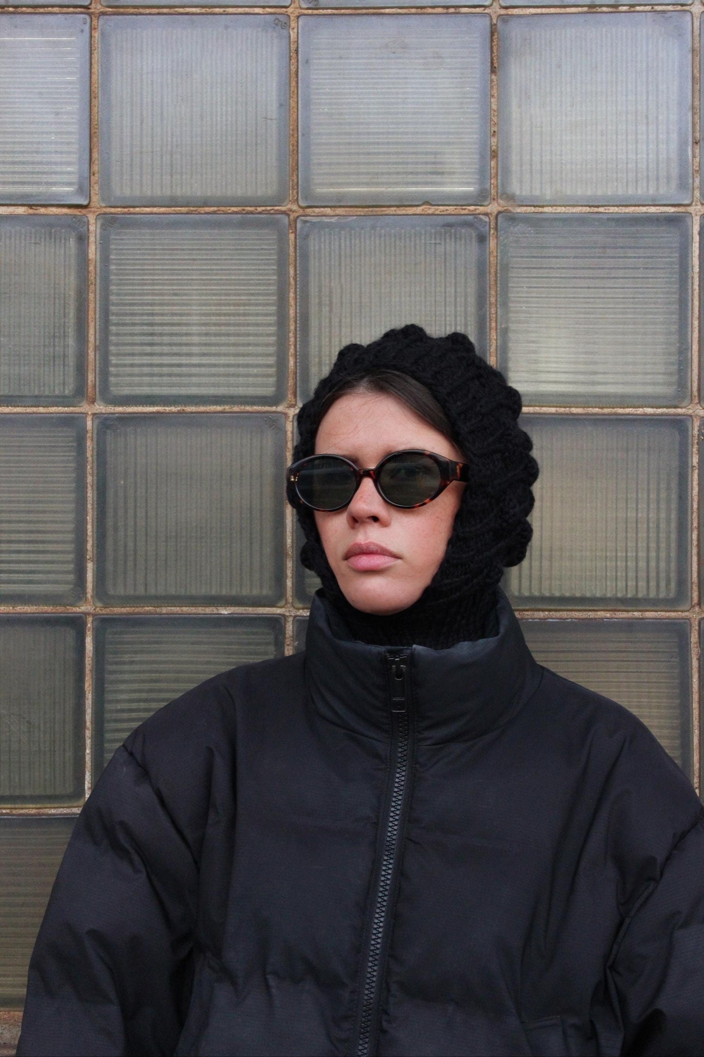 Black Brains Balaclava, with dimensional tuck knitting technique