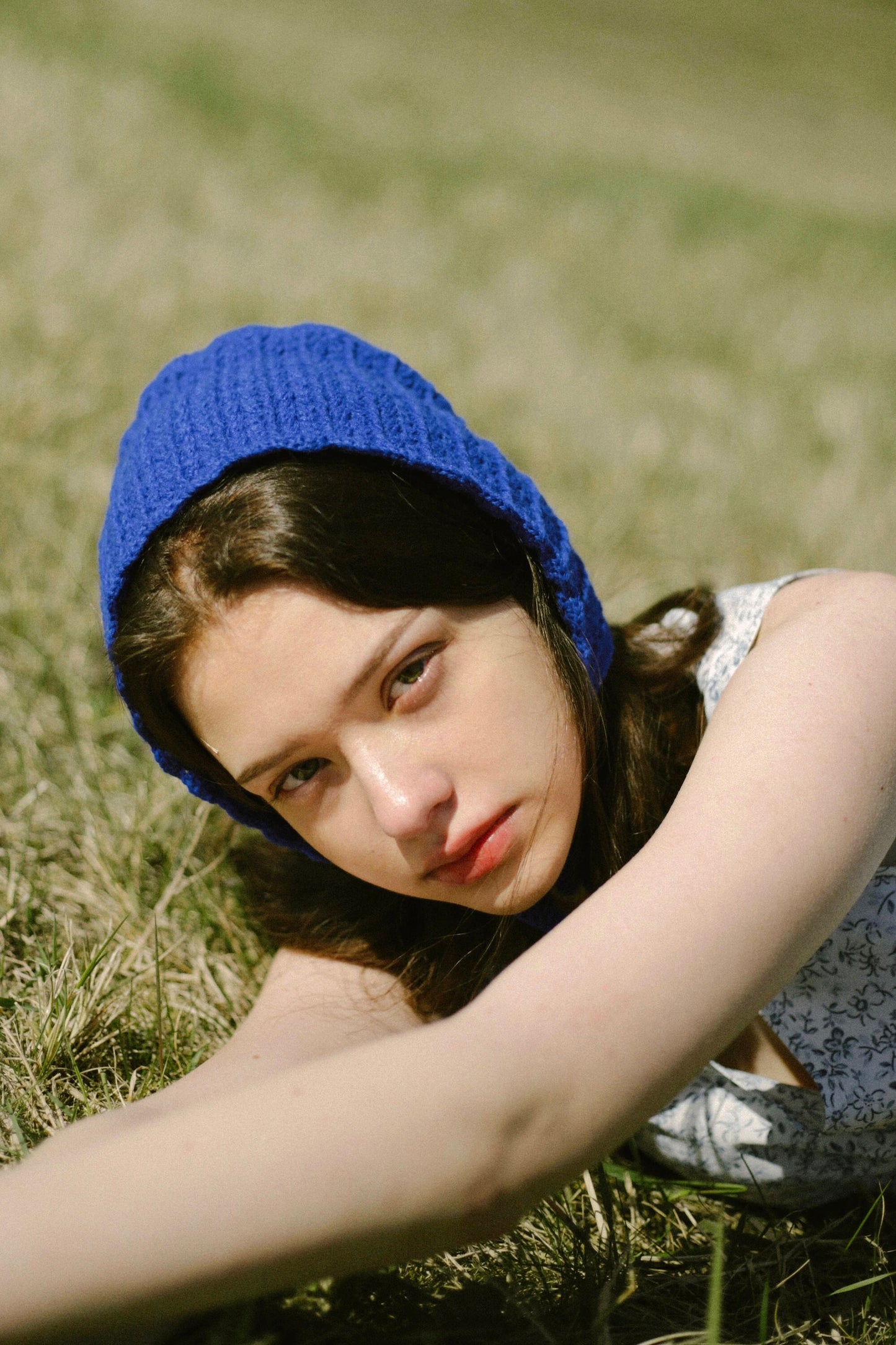 Adult Cotton Crochet Bow Tie Bonnet in Blue