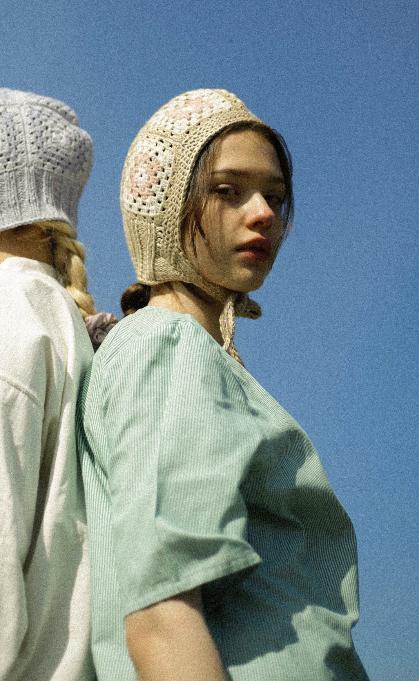 Patchwork Granny Square Adult Crochet Bow Tie Bonnet in Beige