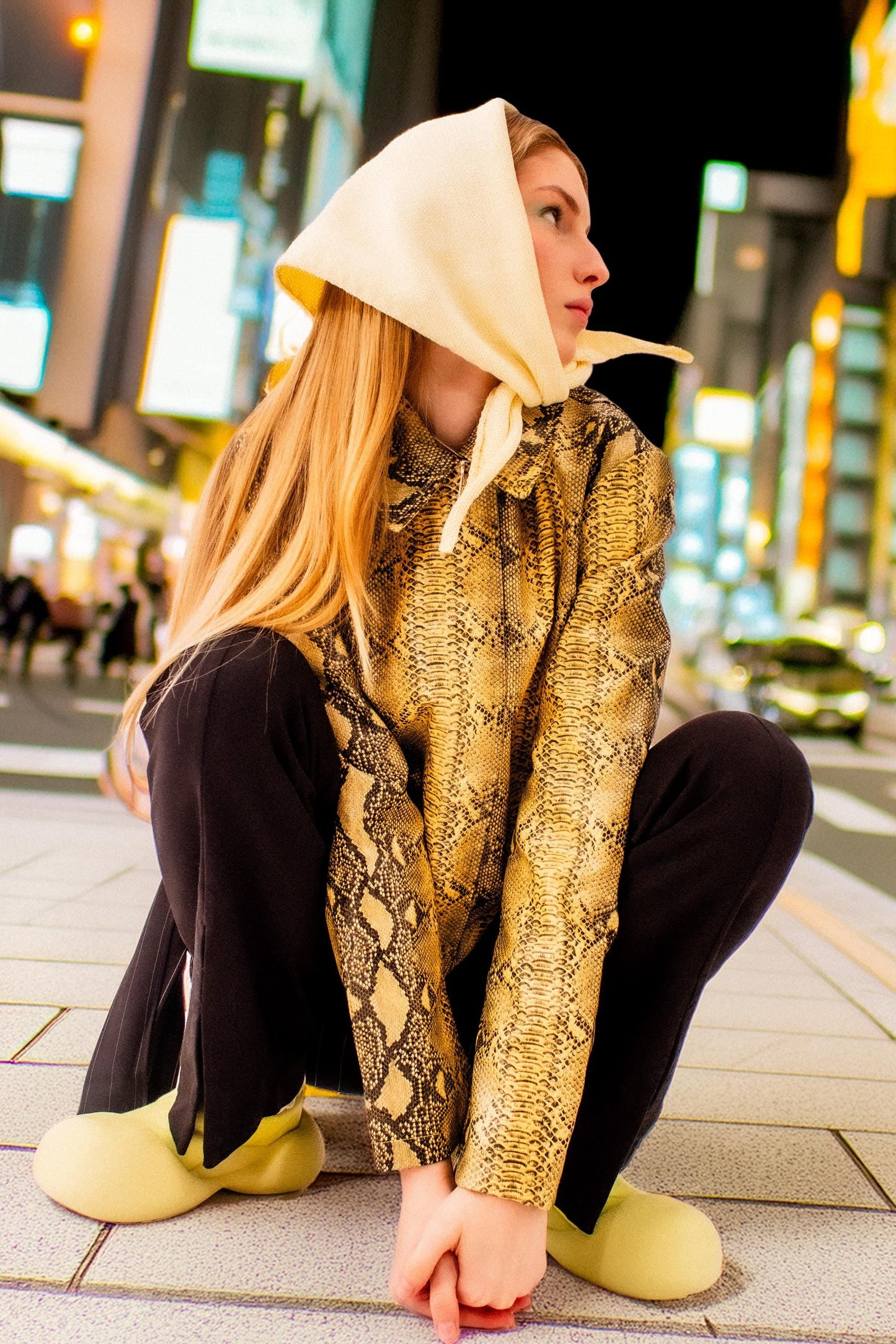 Hand - knitted Spring Headscarf in Buttermilk Yellow