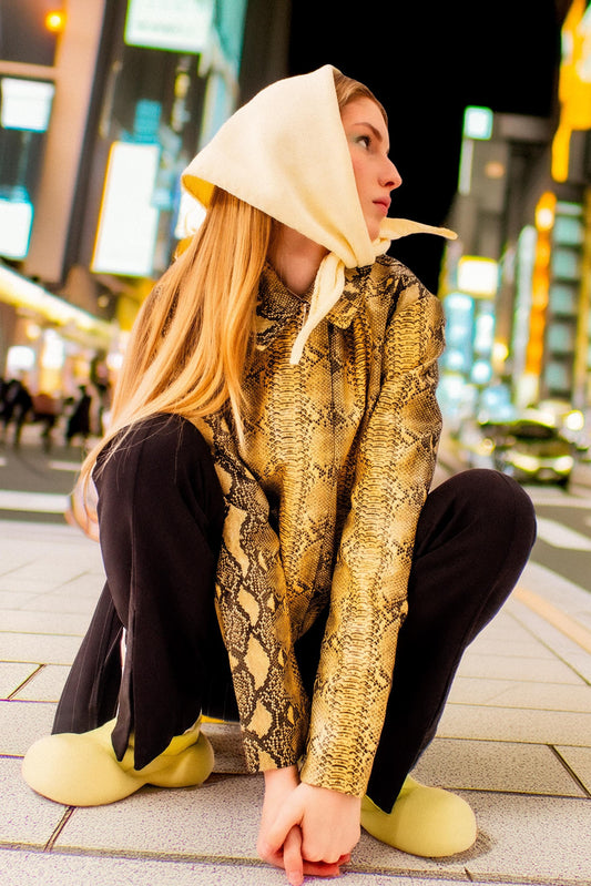 Hand - knitted Spring Headscarf in Buttermilk Yellow