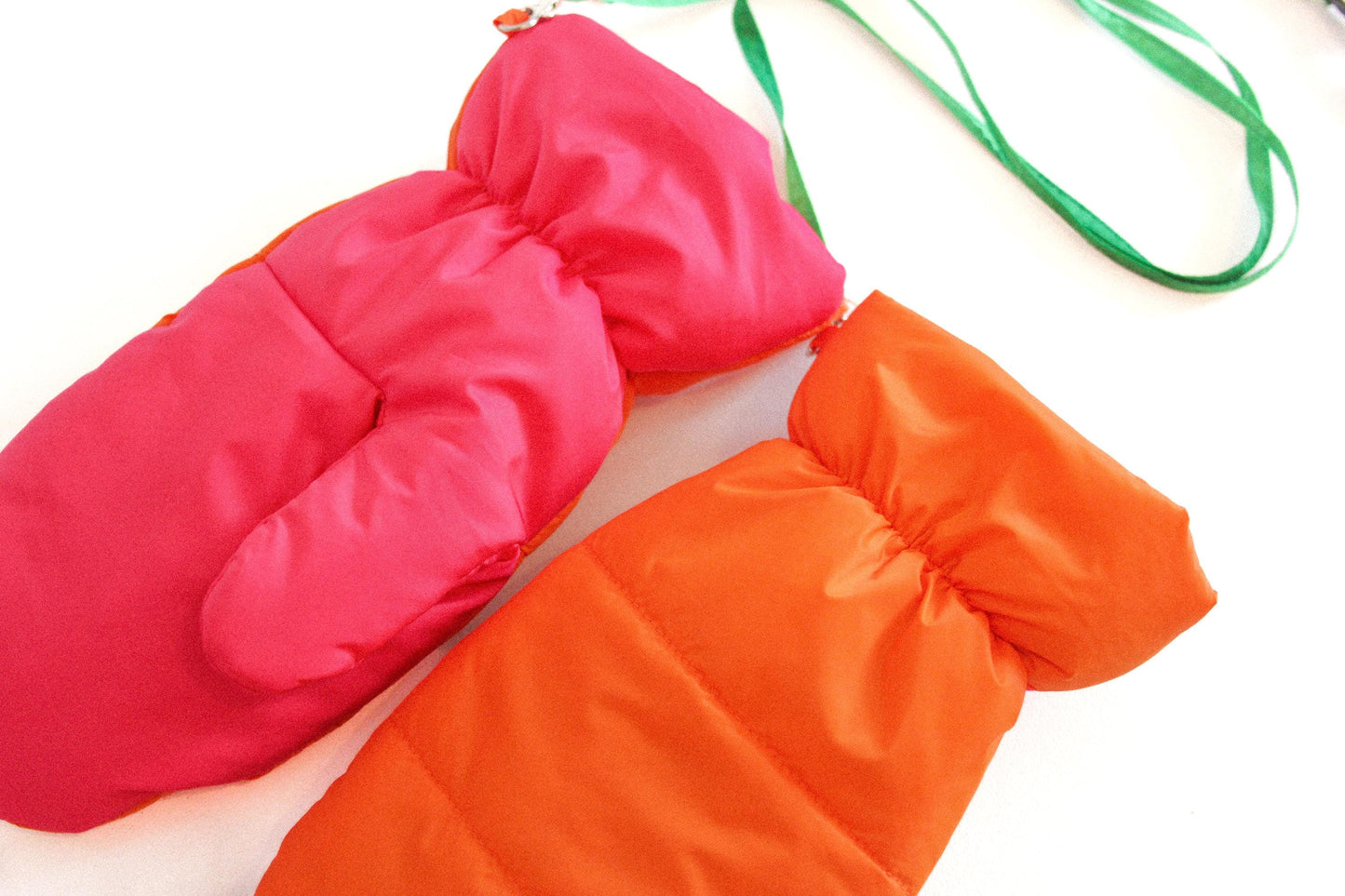Bicolor Pillow Puffer Mittens on Strings in Orange & Hot Pink