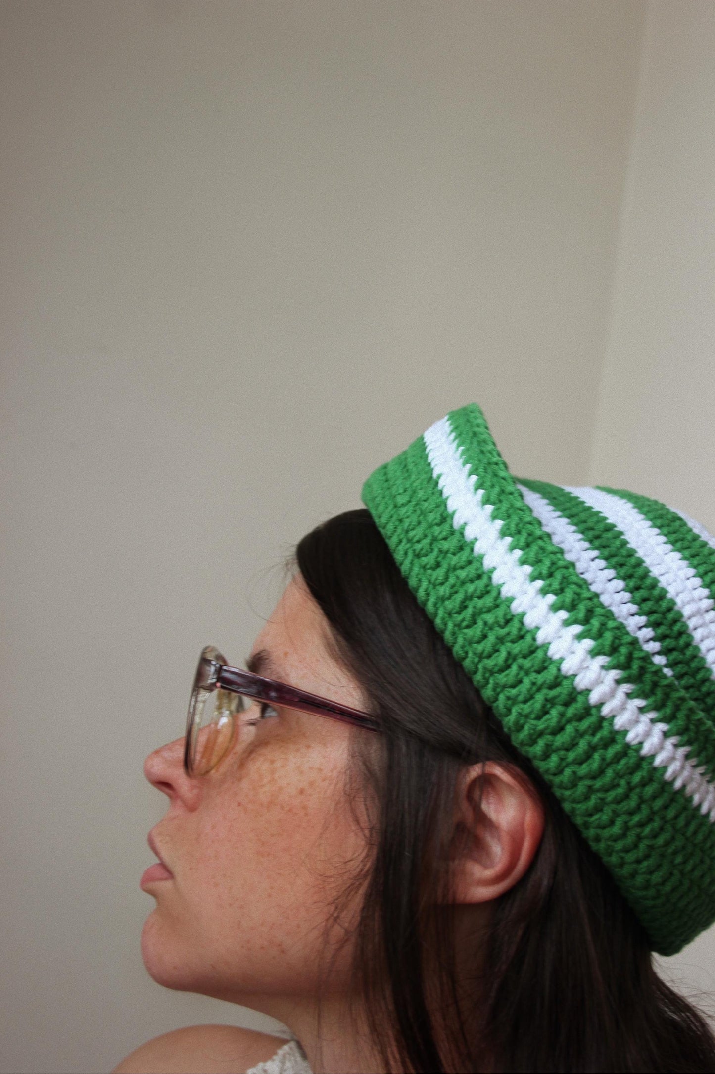 Crochet Premium Cotton Striped Marin Hat in Green & White