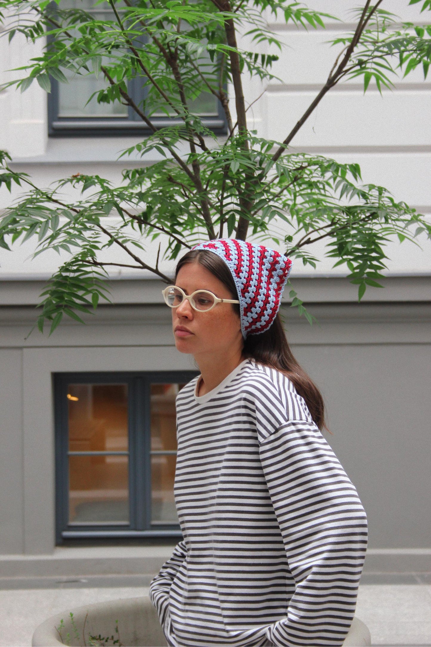 Crochet Premium Cotton Mesh Headscarf in Burgundy & Baby Blue