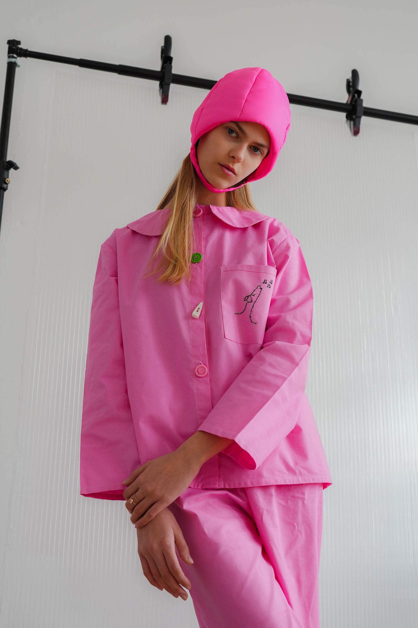 Pillow Puffer Quilted Aviator Helmet Cap Bonnet on a button in Hot Pink