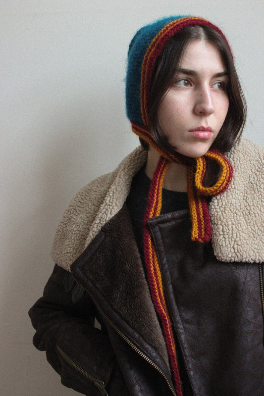 Hand-knitted Adult Bow Tie Bonnet hat in dull multicolor