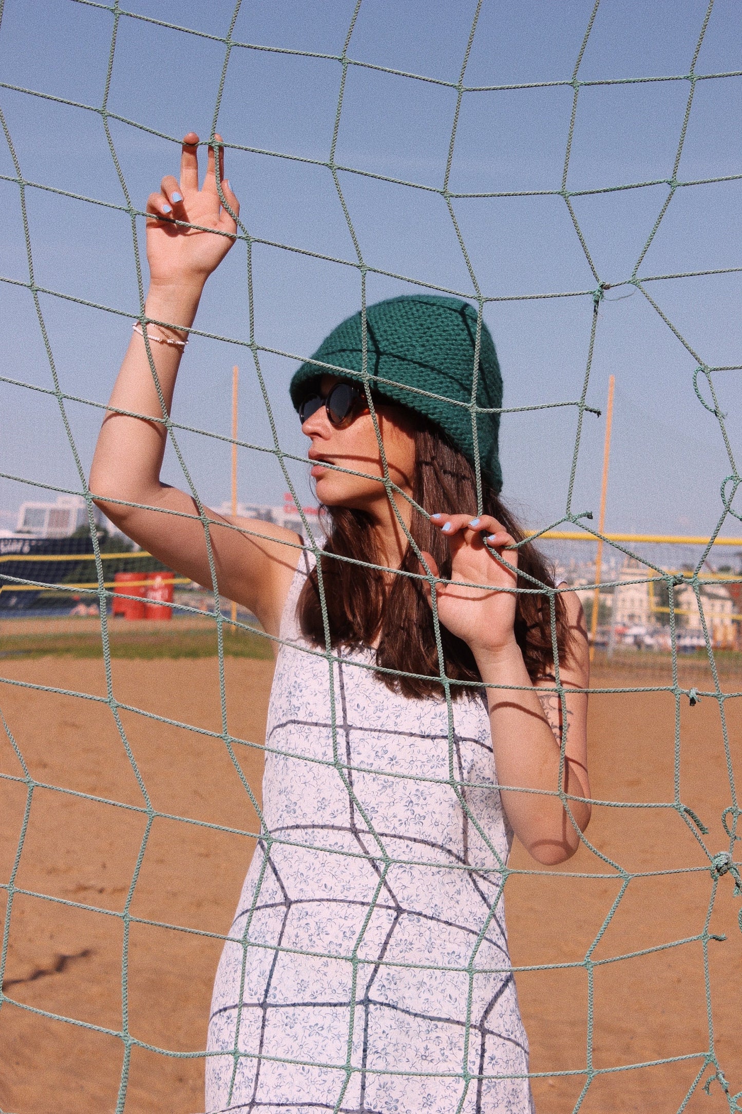 Hand-knitted chunky bucket hat in emerald blue, fisherman hat