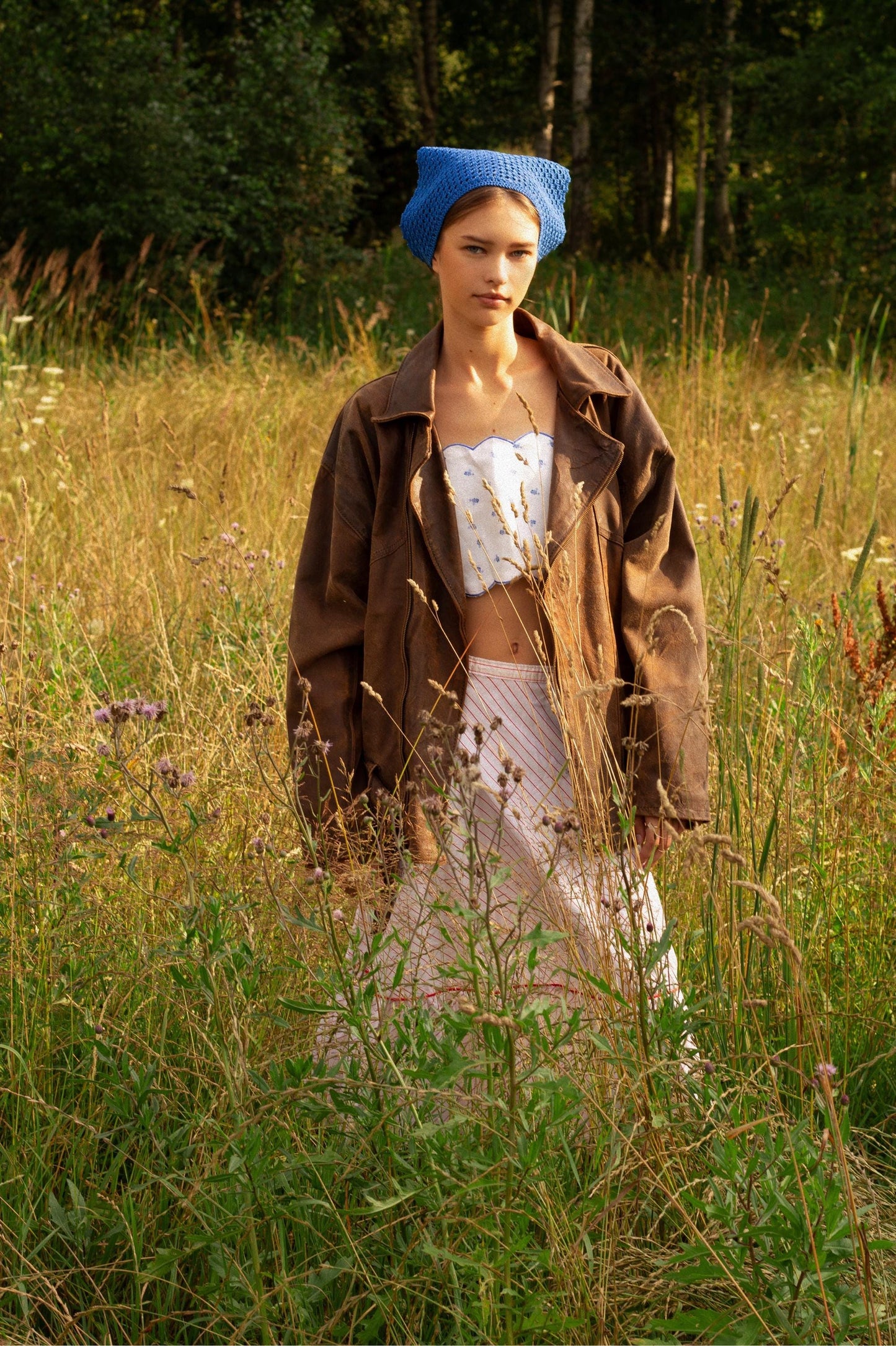Crochet Mesh Headscarf in Blue