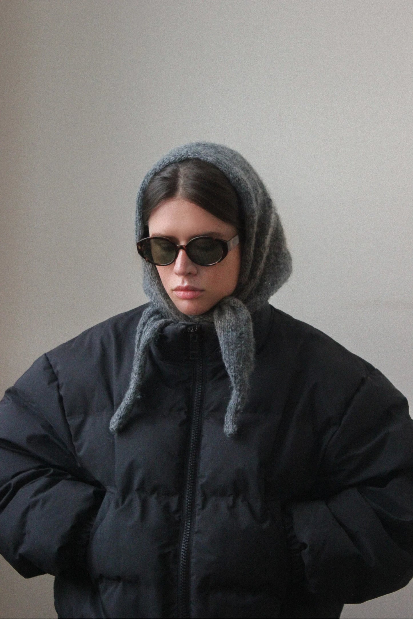 Hand - knitted Mohair Melange Headscarf in Charcoal Gray