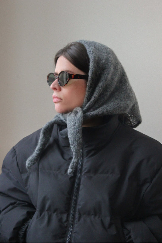 Hand - knitted Mohair Melange Headscarf in Charcoal Gray