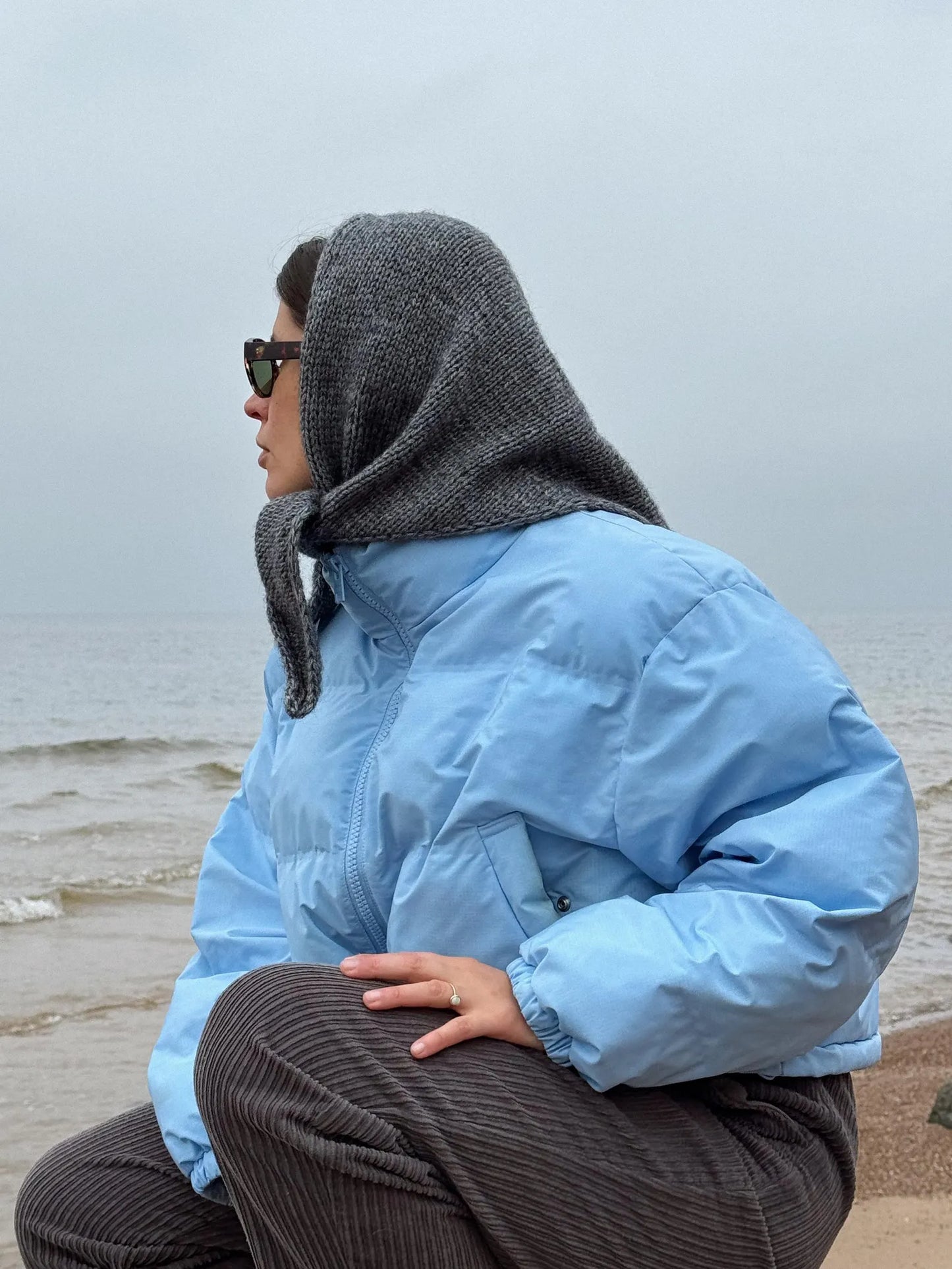 Hand - knitted Mohair Melange Headscarf in Charcoal Gray